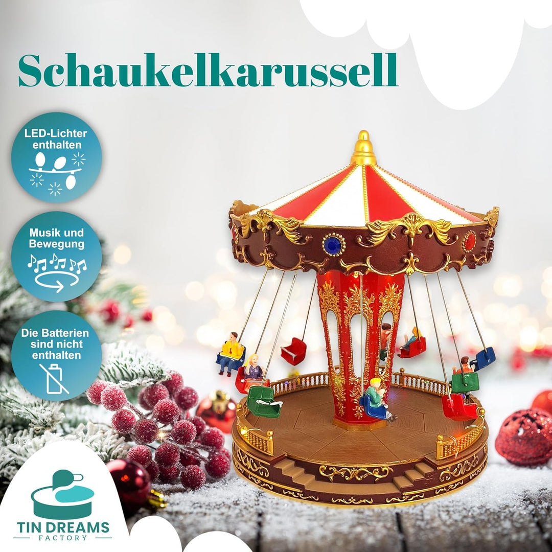 TIN DREAMS FACTORY Weihnachtsdorf mit Beleuchtung und Musik, Led-Karussell Weihnachten, Karussell Sp