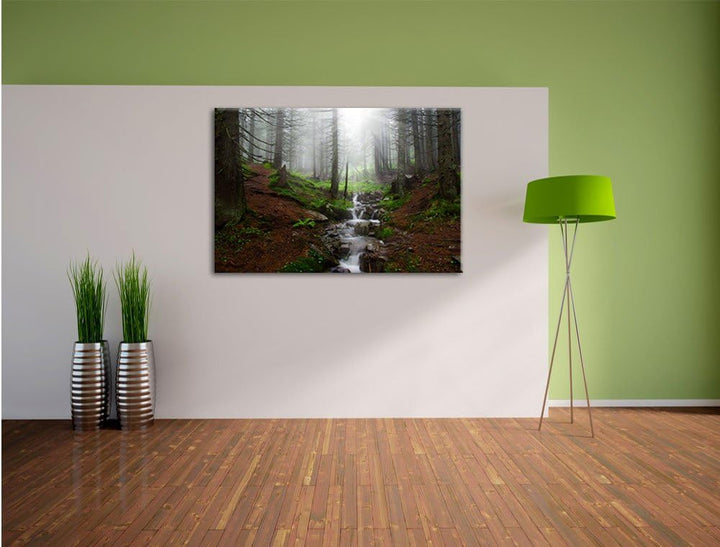 Pixxprint Bach im Wald, Format: 100x70 auf Leinwand, XXL riesige Bilder fertig gerahmt mit Keilrahme