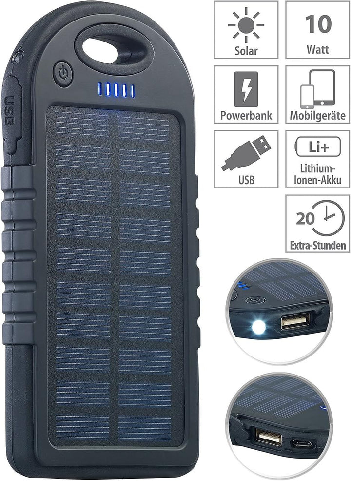revolt Solarbank für Handy: Solar-Powerbank mit 4.000 mAh &amp; Taschenlampe, 2X USB, bis 2 A, 10 Watt (