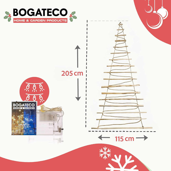 BOGATECO Handgemacht Weihnachtsbaum 205 cm hoch, aus Haselnussholz | Deko Anhänger | mit 10 m LED-Le