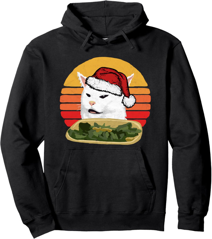 Funny Arguing White Cat Meme in Santa Hat Christmas Pullover Hoodie
