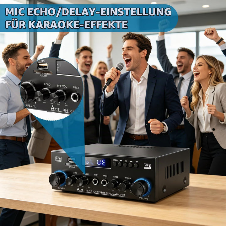 2.1-Kanal Bluetooth 5.3 HiFi-Verstärker mit Subwoofer – 1000W Peak | (50W+50W RMS) SD/USB/FM Radio |
