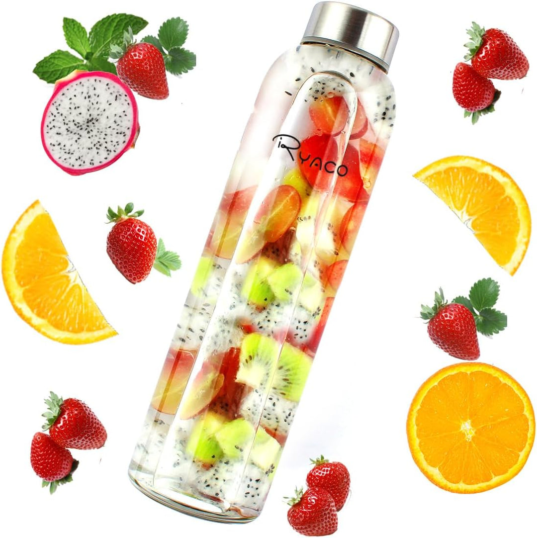 Ryaco Trinkflasche aus Glas 550ml/750ml/1000ml/1L,Glasflasche mit Neoprenhülle,Glastrinkflasche mit