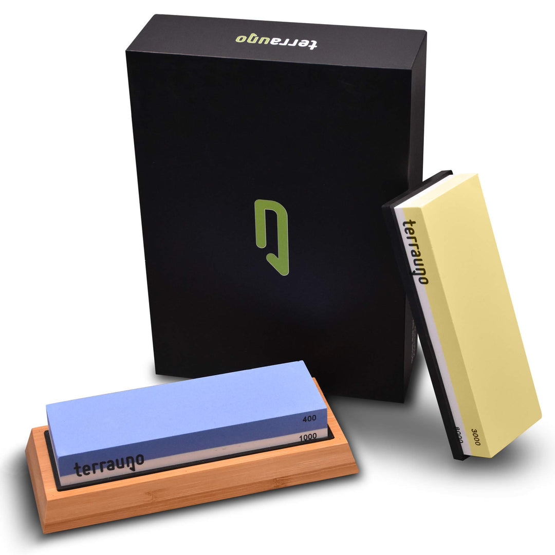 TerraUno Schleifstein 4 in 1 Set Körnung: 400/1000 &amp; 3000/8000 – Wetzsteine zum Schärfen und Schleif