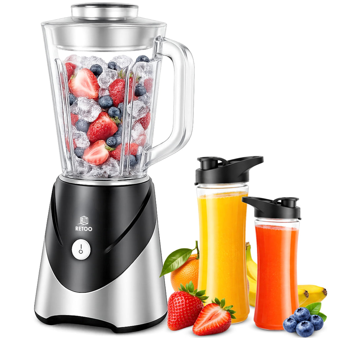 Retoo Blender Standmixer 10-in-1, 1,2L Edelstahl, 2x Bidons, Smoothie Maker mit Ice-Crush Funktion,