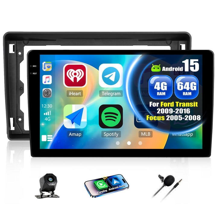CAMECHO 4+64G 9 Zoll Android 15 Radio für Ford Transit 2009-2016 Focus 2005-2008, Ford Navi Autoradi