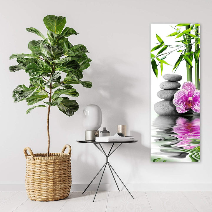 Feeby Leinwandbild - Bilder Wohnzimmer - Zen Steine Blumen Orchideen Bambus - 40x120 1tlg - Deko Sch