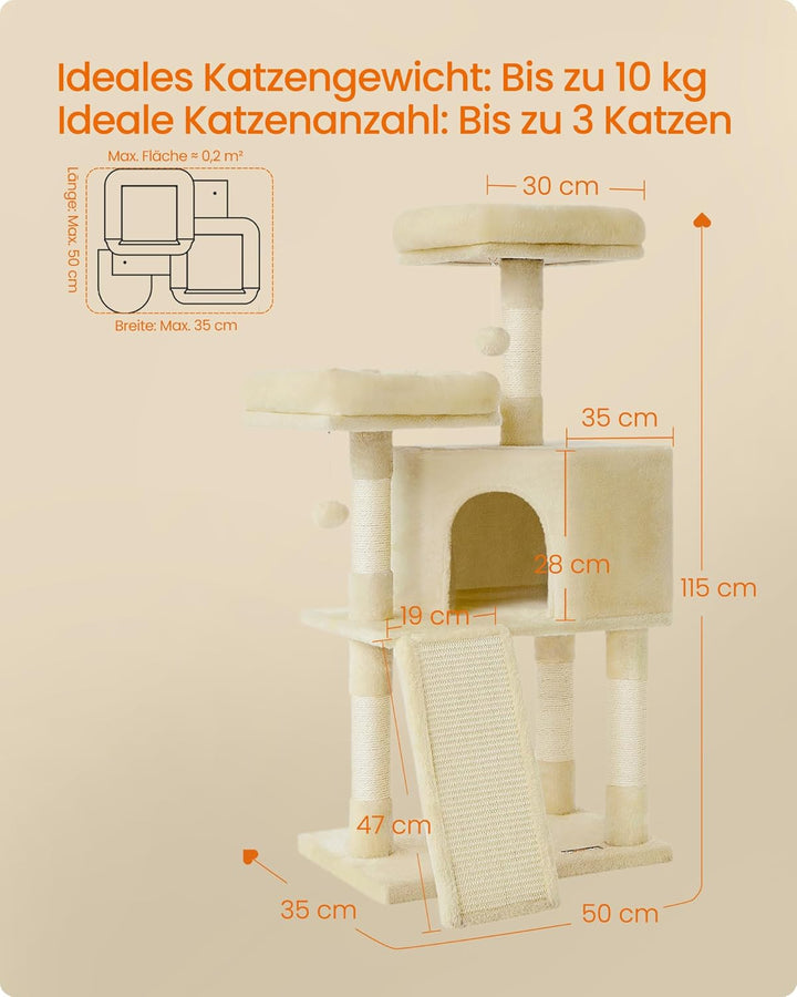 Feandrea Kratzbaum klein, Katzenbaum mit Kratzbrett, Plattformen, für Katze, weicher Plüsch, 115 cm,