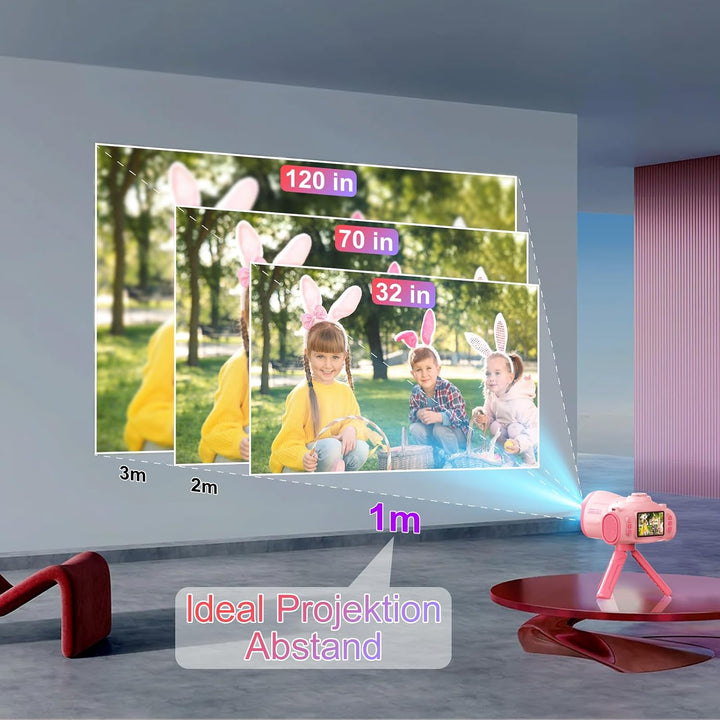 2 in 1 Kinderkamera mit Projektion, Stativ, 32GB-Karte, grosser Akku, Geschenk für 3-12 Jahre (Rosa)