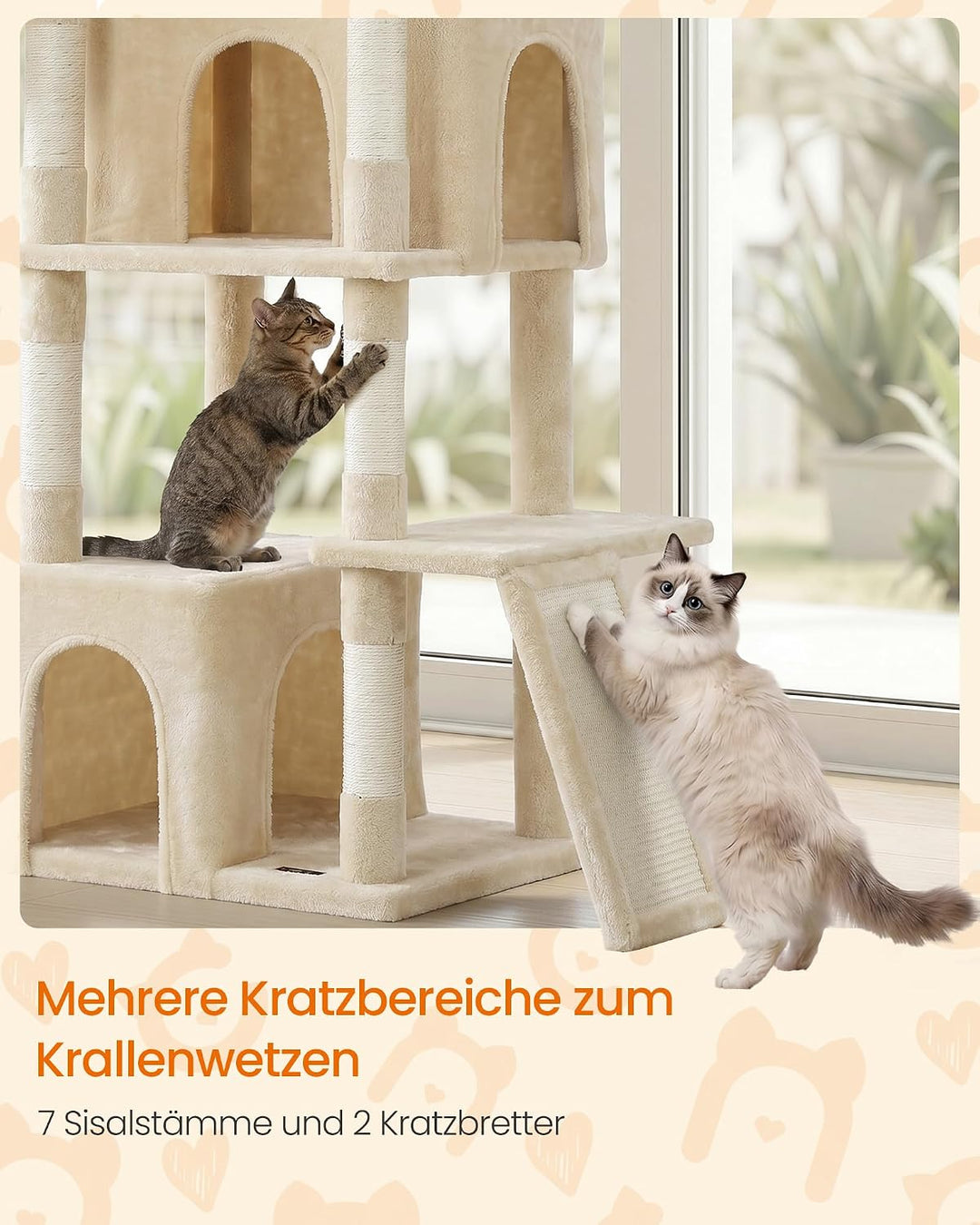 Feandrea Kratzbaum gross, 184,5 cm hoch, Katzenbaum, Katzenkratzbaum, mit 7 Kratzsäulen, 2 Kratzbret