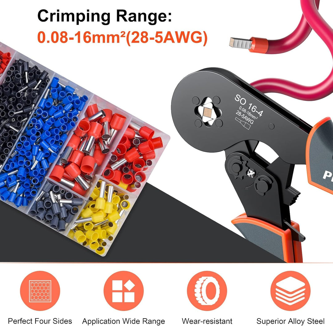 Crimpzangen 0.08-16mm² mit Aderendhülsen Set，Preciva Aderendhülsenzange Vierkant Crimpzange Presszan