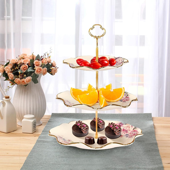 fanquare 3-Stufig Königlich Etagère mit Blumenmuster, Lotus Blume Förmige Obstkörbe mit Metallstrebe