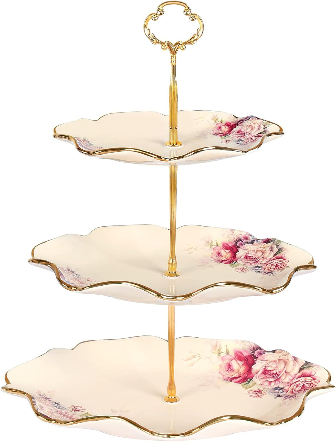 fanquare 3-Stufig Königlich Etagère mit Blumenmuster, Lotus Blume Förmige Obstkörbe mit Metallstrebe