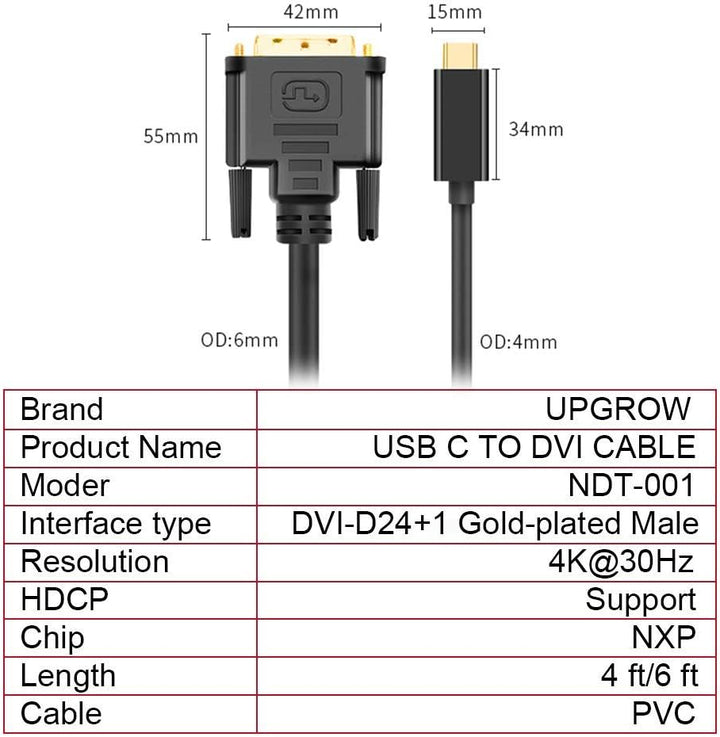 Upgrow Kabel USB Typ C-auf DVI, 4K bei 30 Hz, Thunderbolt-auf-DVI-Kabel, 1,8 m, USB-Typ-C-auf-DVI-Bu