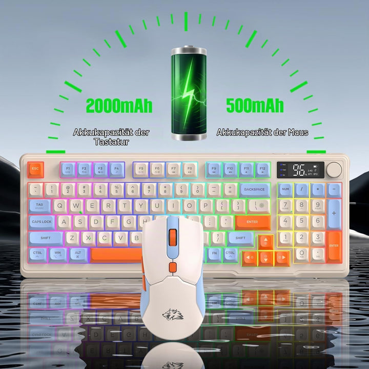 ZIYOU LANG×FREEWOLF T96 Kabelloses Gaming-Tastatur- und Maus-Set, BT/2,4 GHz, Smart Display und Knop