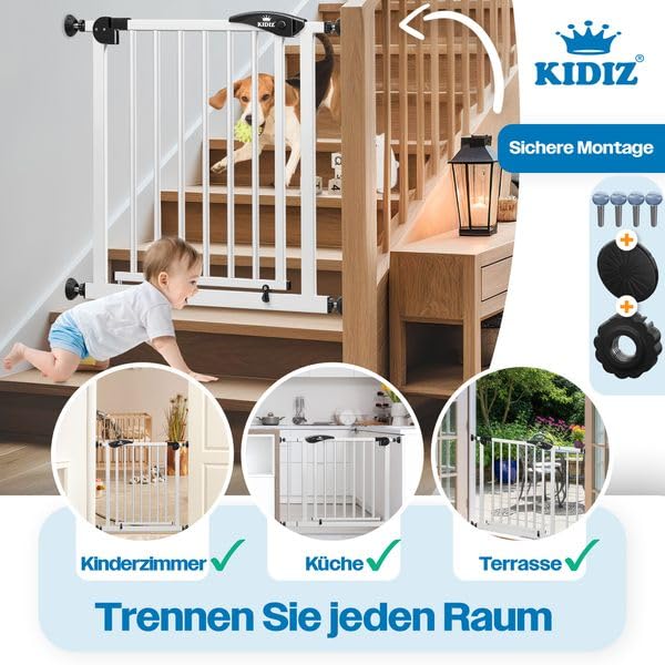KIDIZ Treppenschutzgitter ohne Bohren | Verstellbare Breite: 81-87 cm, 75 cm hoch, Türschutzgitter u