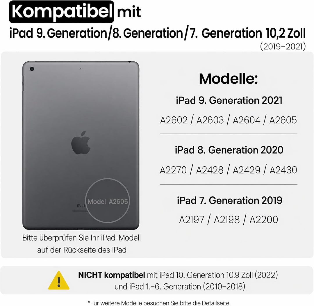 iPad 9 Generation Hülle mit Tastatur, Passend für die 8/7, Schwarz | QWERTZ, Beleuchtete, Magnetisch