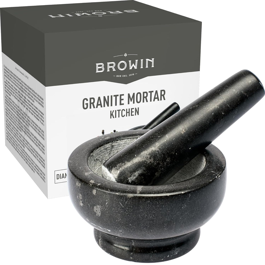 BROWIN® Küchenmörser mit Stössel aus Granit 312012 | Ø 10 cm | Zerkleinerer für Kerne, Gewürze, Nüss