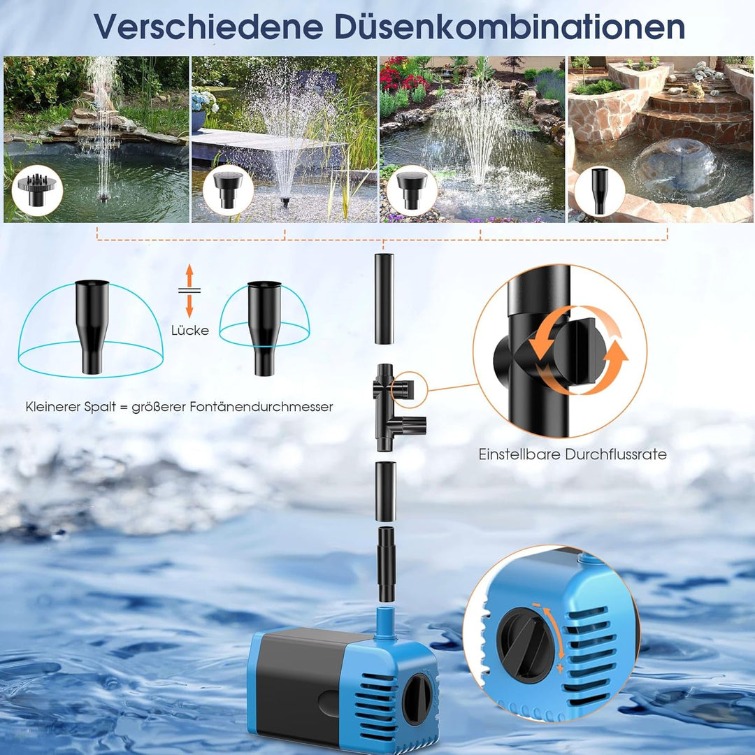 Biling Solar Springbrunnen für Aussen, 12W 605L/H Leise Teichpumpe Solar mit 4 Düsen und Schlauch, S