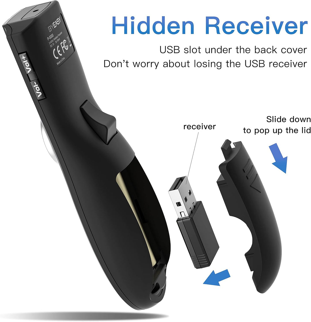 BYEASY Präsentationsklicker mit grünem Laser und Lautstärkeregler, RF 2,4 GHz Wireless Presenter Rem