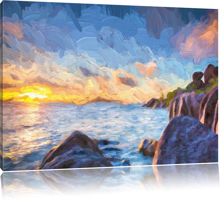 Pixxprint Sonnenuntergang Seychellen Kunst als Leinwandbild/Grösse: 100x70 cm/Wandbild/Kunstdruck/fe