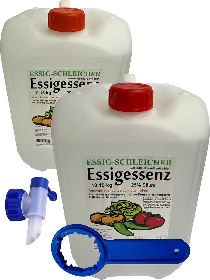 Essig-Schleicher Essenz 25% Säure 20,3 kg (2x10,15kg Kanister) mit Ausslasshahn/Ausgiesser und Schlü
