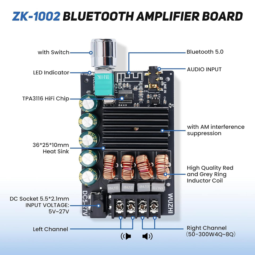 2x100W HiFi-Verstärker, Bluetooth 5.0 Audioverstärker Amp mit LC-Filter &amp; TPA3116 Chip, Stereo Mini