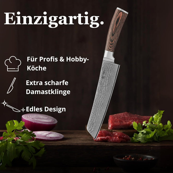 Wakoli EDIB Bunka Küchenmesser aus echtem Damaststahl (VG10 Kern) mit 20 cm Klinge – Scharf &amp; ergono