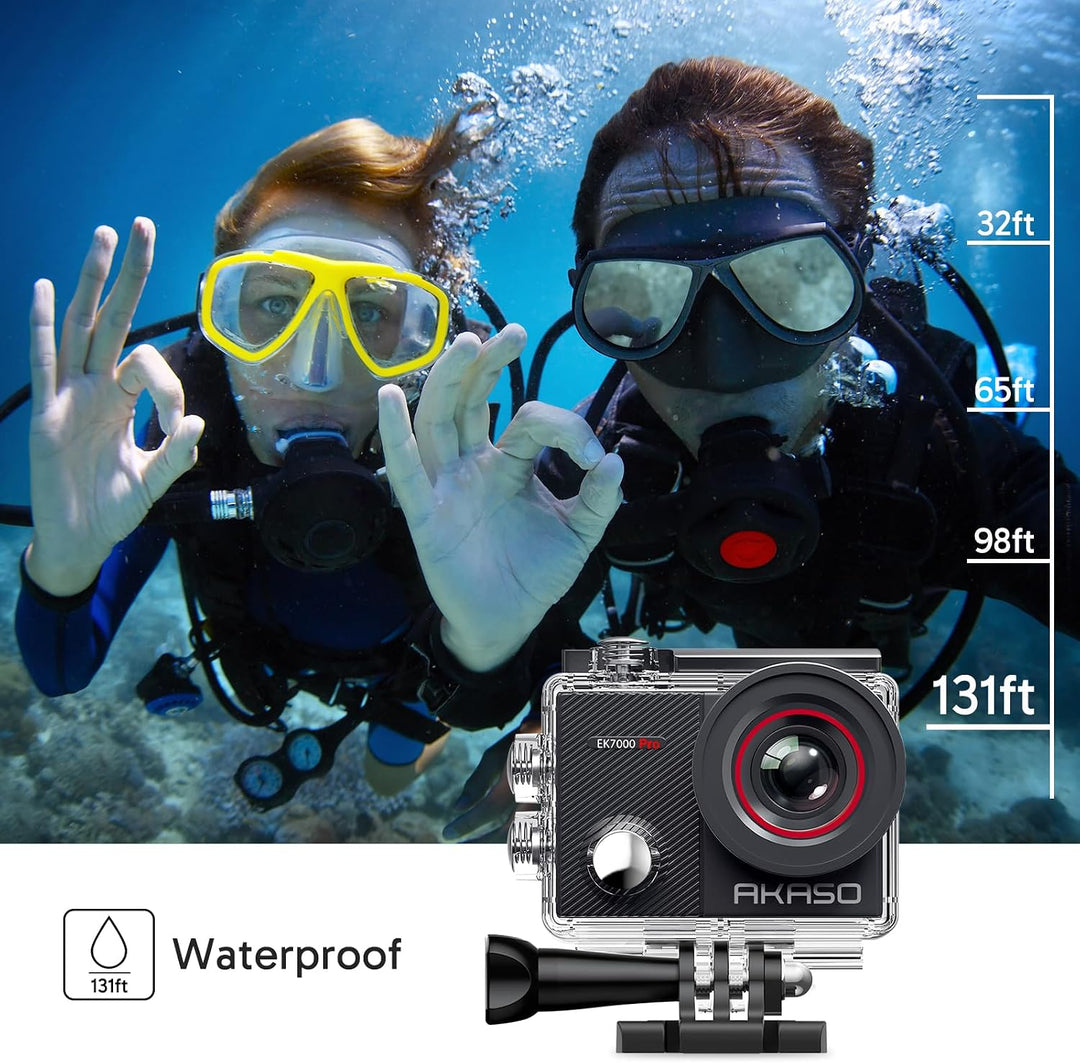 AKASO Action Cam 4K30FPS 20MP mit 60cm Stativ Selfie Stick und Tasche WiFi 40M Unterwasserkamera Was