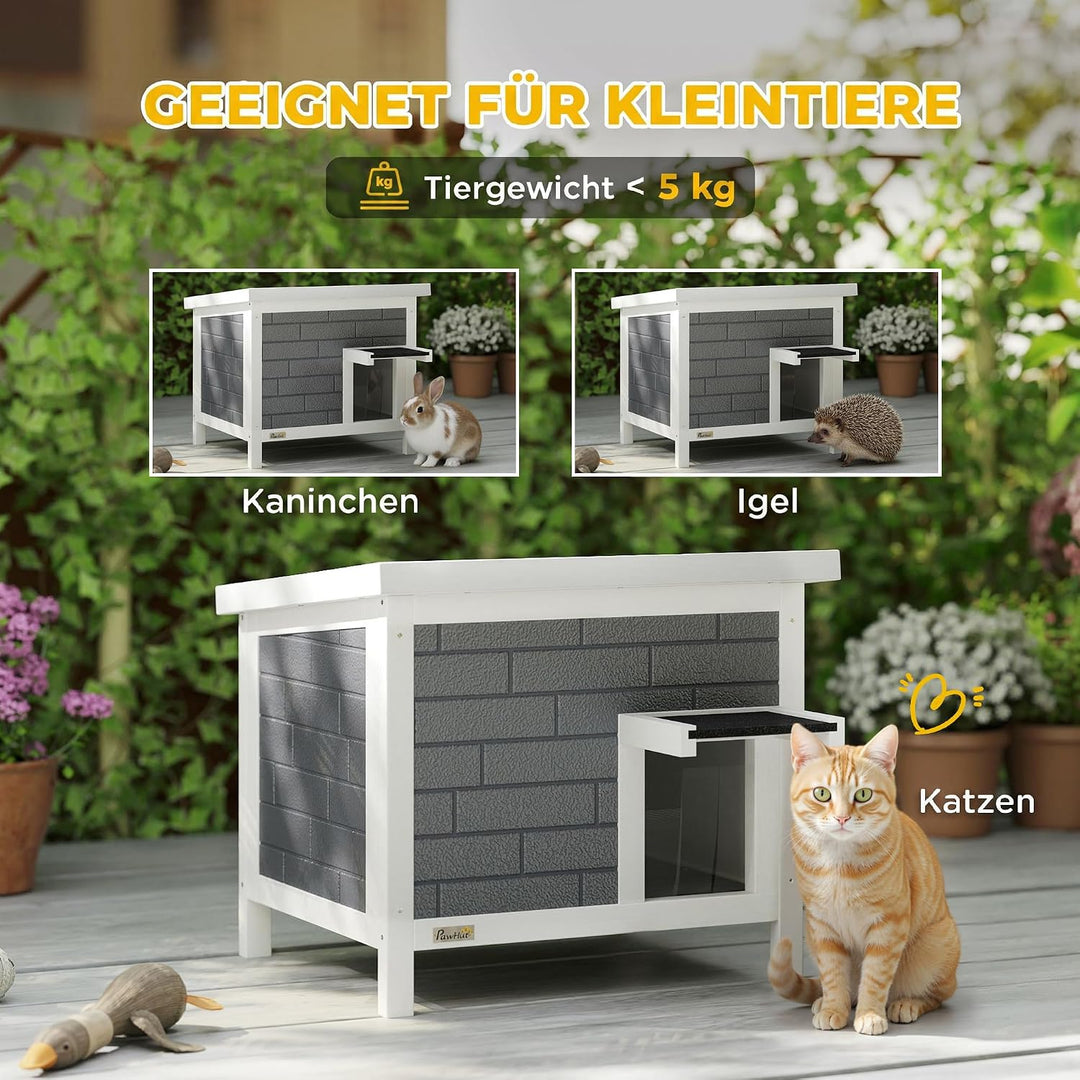 PawHut Katzenhaus Wetterfeste Katzenhütte aus Holz 61x51x53,5 cm Grau