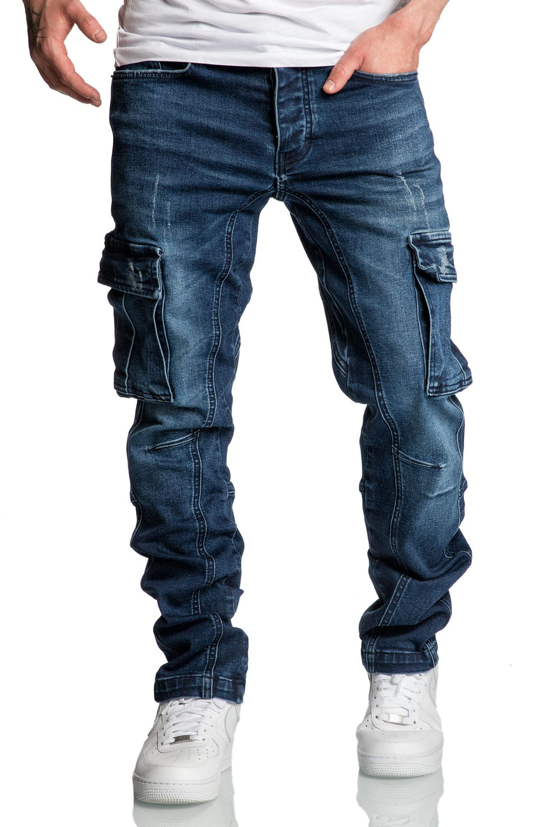 Amaci&amp;Sons Herren Cargo Jeans Regular Slim Denim Hose Destroyed 7977 32W / 30L Dunkelblau, 32W / 30L