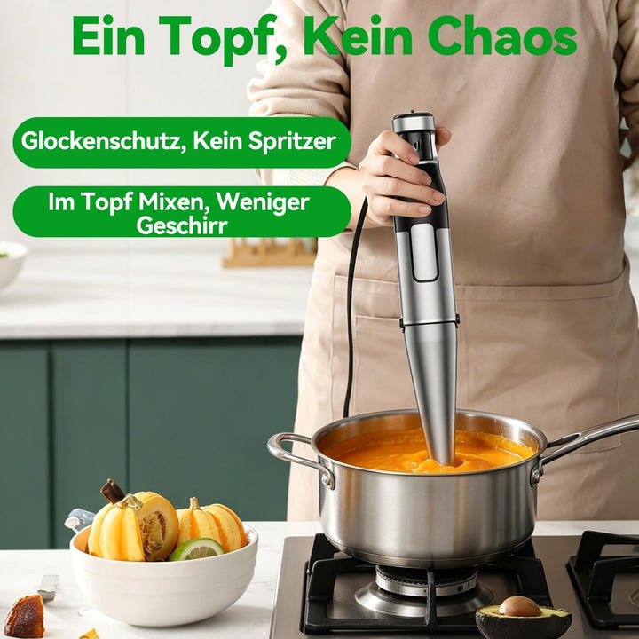 BESROY Stabmixer Set 3 in 1, 1100W Pürierstab Elektrisch Stufenlos, Edelstahl Handmixer mit Milchsch