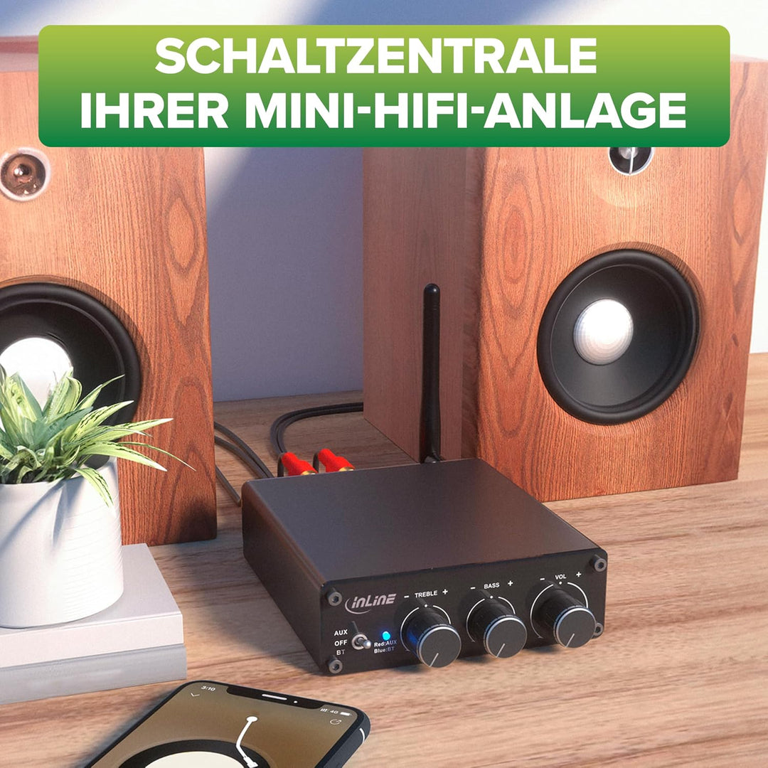 InLine Bluetooth 5.3 Audio Receiver, 96W HiFi-Verstärker, Empfänger, Cinch Stereo, für 2X Passive St