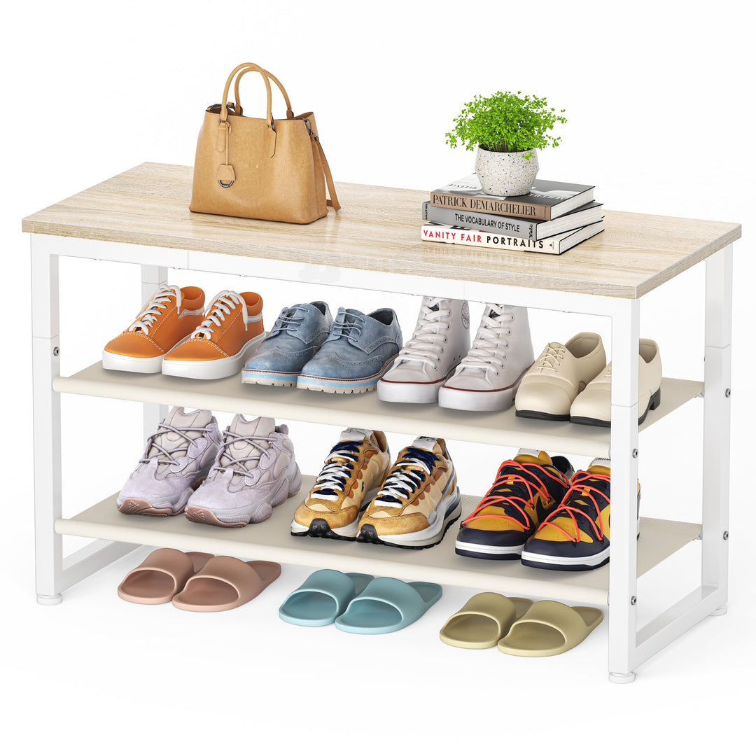 HOMIDEC Schuhregal mit 3 Ebenen, Schuhbank mit Holzplatte, Schuhregal mit Sitzbank, Regal Vliesstoff