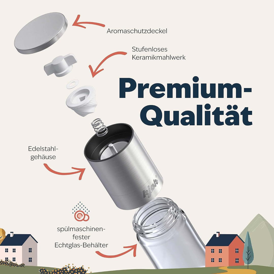 kjøk Premium Salz und Pfeffermühle Edelstahl gebürstet, Glas und BPA - 2er Set Gewürzmühle mit Keram