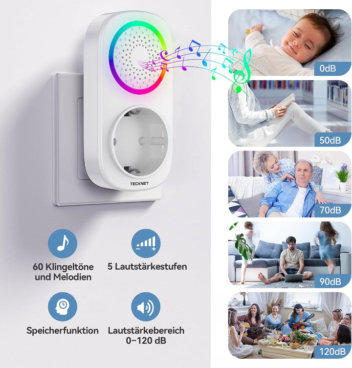 TECKNET Funkklingel Batterielose, IP65 Funkklingel aussen Wasserdicht, Haustürklingel mit Plug-In-Em