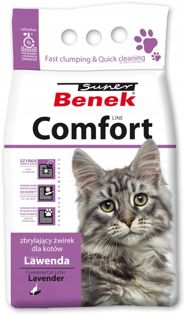 Super Benek Comfort Bentonit-Katzenstreu Für Katzen 10L / 8kg | Flache Klumpen mit Lavendelduft