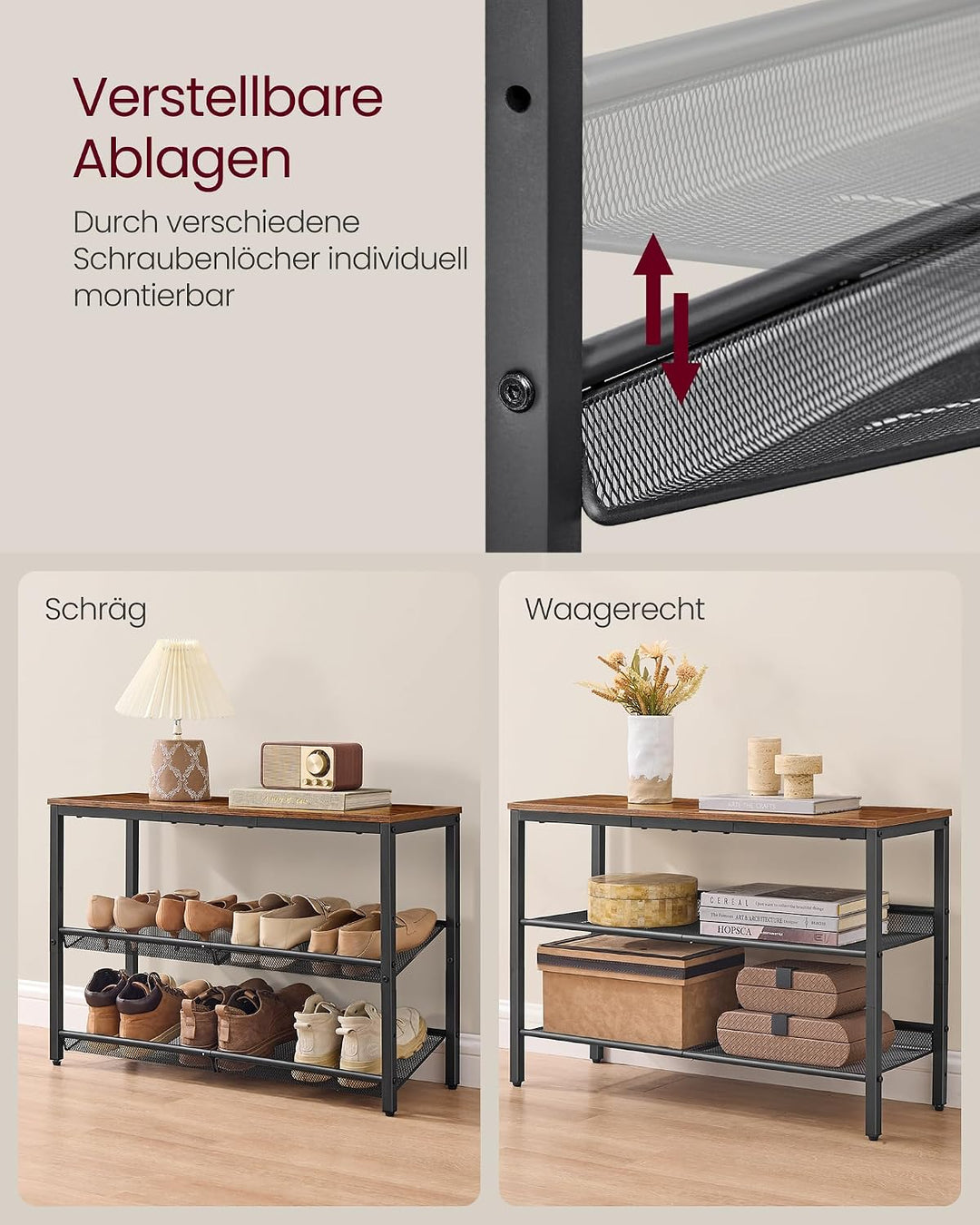 VASAGLE Schuhregal, Schuhablage, 3 Ebenen, grosse Oberfläche, verstellbare Gitterablagen, platzspare