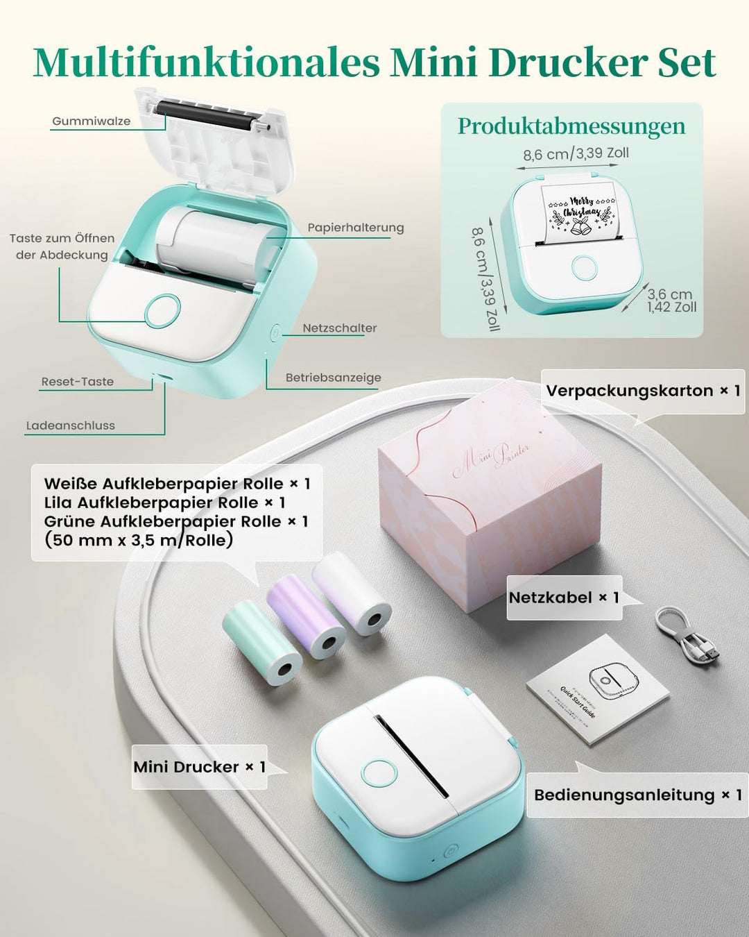 Memoking T02 Mini Etikettendrucker - Tragbarer Drucker mit 3 Rollen Papier, Aufkleberdrucker für Stu
