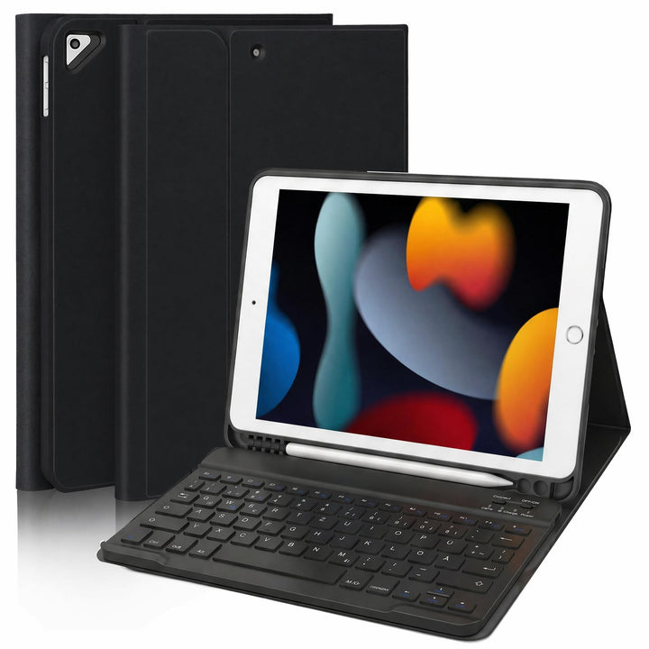 iPad 9 Generation Hülle mit Tastatur, Passend für die 8/7, Schwarz | QWERTZ, Beleuchtete, Magnetisch