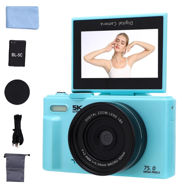 5K Digitalkamera mit 64-GB-Speicherkarte, 75MP 18X Vlog-Kamera, 3 Zoll 180 Grad Klappbildschirm, 52