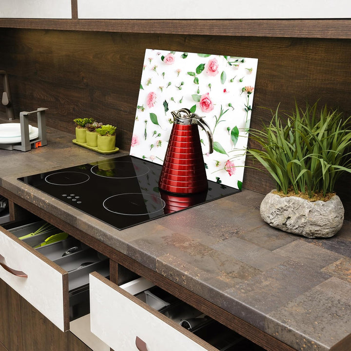 SmartDecoration Herdabdeckplatte Ceranfeldabdeckung aus Glas 60x52 cm Einteilig Motiv "Blumen" Weiss