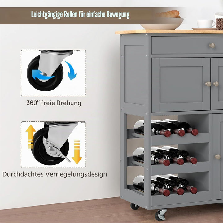 FANTASK Küchentrolley auf Rollen, Küchenschrank Holz mit Schubladen &amp; 3-stöckigem Weinregal &amp; Arbeit
