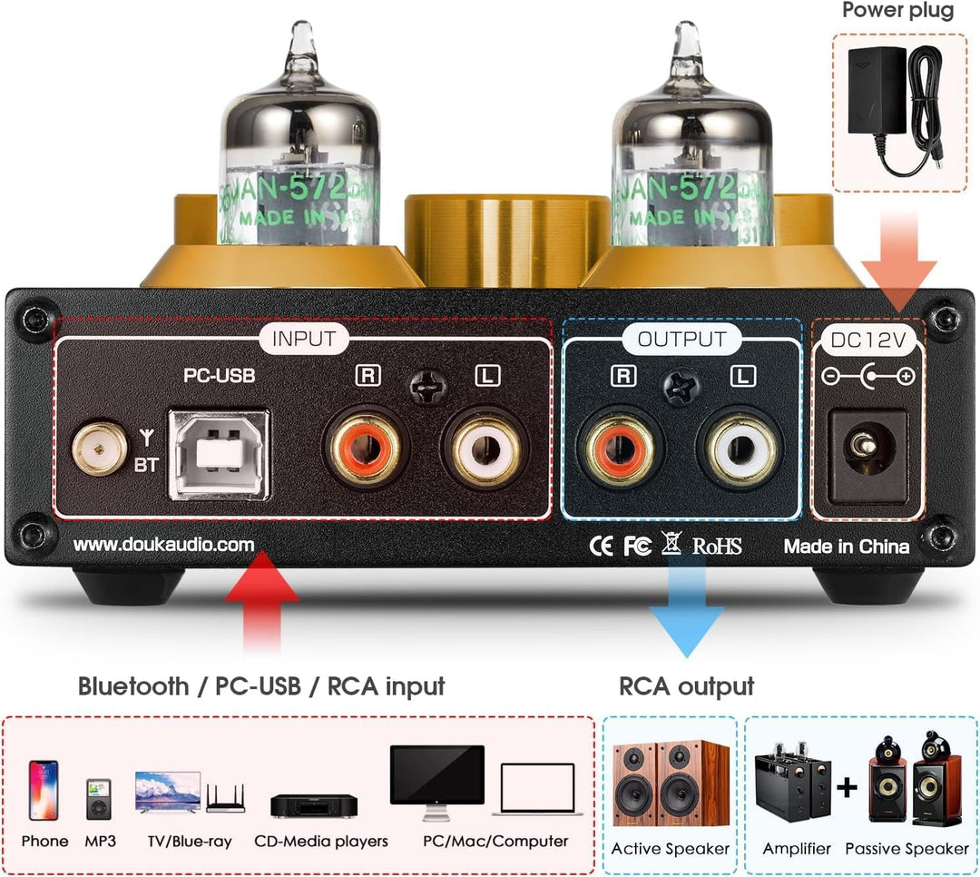 Douk Audio P1 Bluetooth 5.0 HiFi-Verstärker GE5654 Röhrenvorverstärker Valve Tube Preamp Ventil Kopf