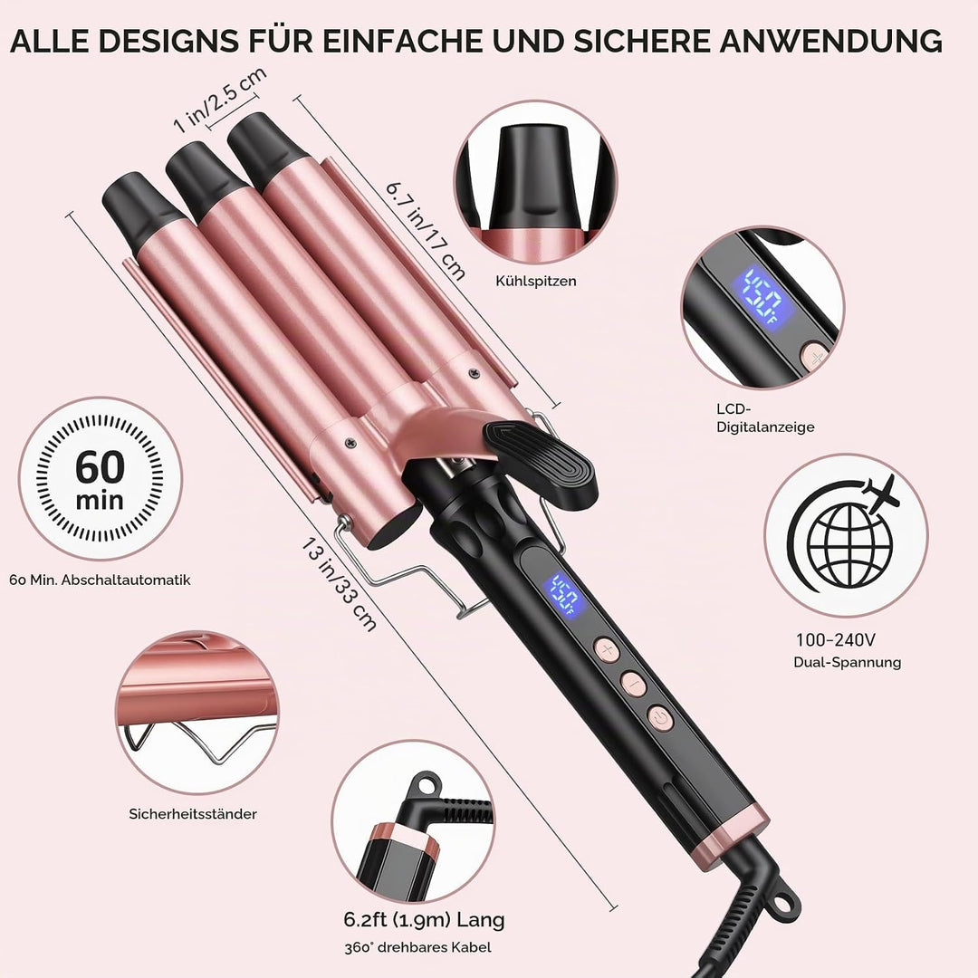 3 Fässer Welleneisen 25mm, 14 Stufen (100-230°C), Quarz-Keramik | Beach Waves Lockenstab Grosse Well