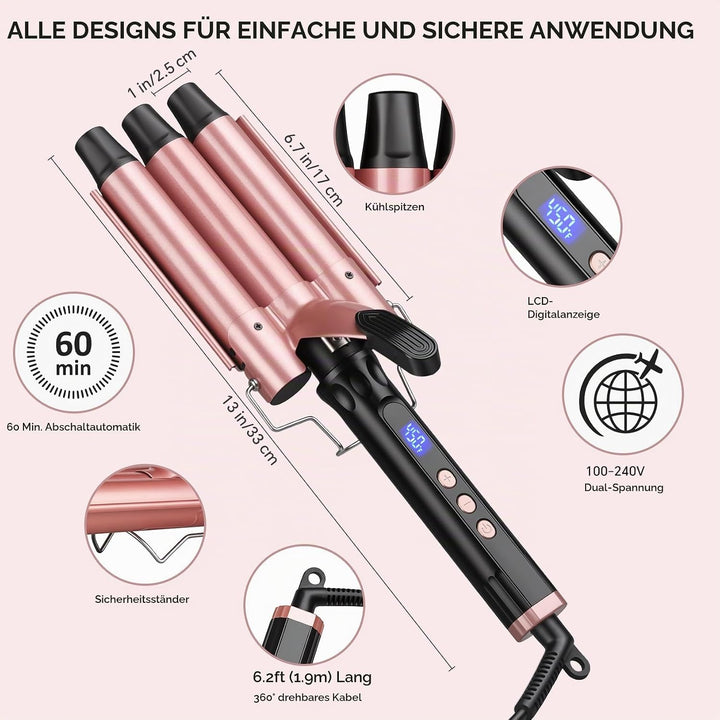 3 Fässer Welleneisen 25mm, 14 Stufen (100-230°C), Quarz-Keramik | Beach Waves Lockenstab Grosse Well