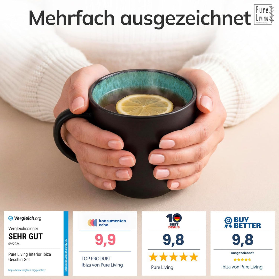 Steingut Kaffeetassen 6 Pers. Ibiza Hochwertiges Mediterranes TEST SEHR GUT Tassen Set, Spülmaschine