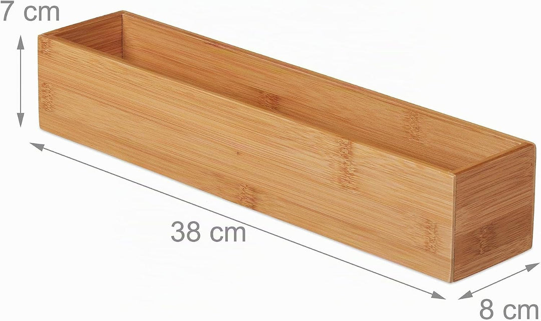 2 x Bambus Box, Aufbewahrung Bad, Küche &amp; Schreibtisch, länglich &amp; schmal, Ordnungsbox, HxBxT: 7 x 3