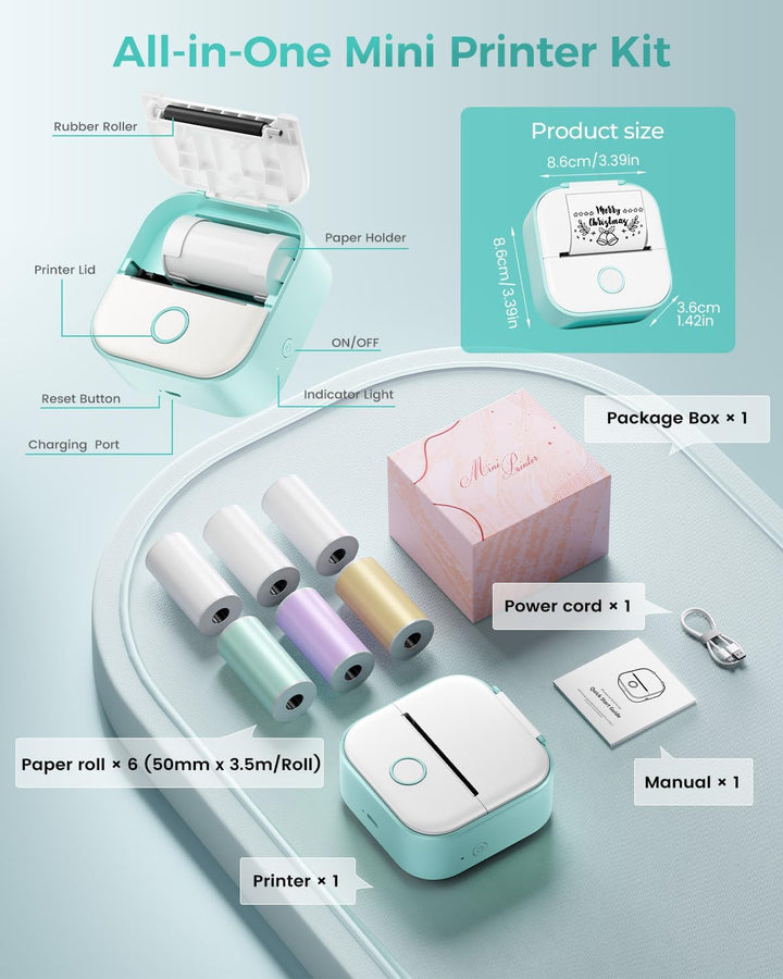 Memoking Mini Drucker für Smartphone, T02 Mini Drucker mit 6 Rollen Papier Grün 1 Drucker + 6 Rollen
