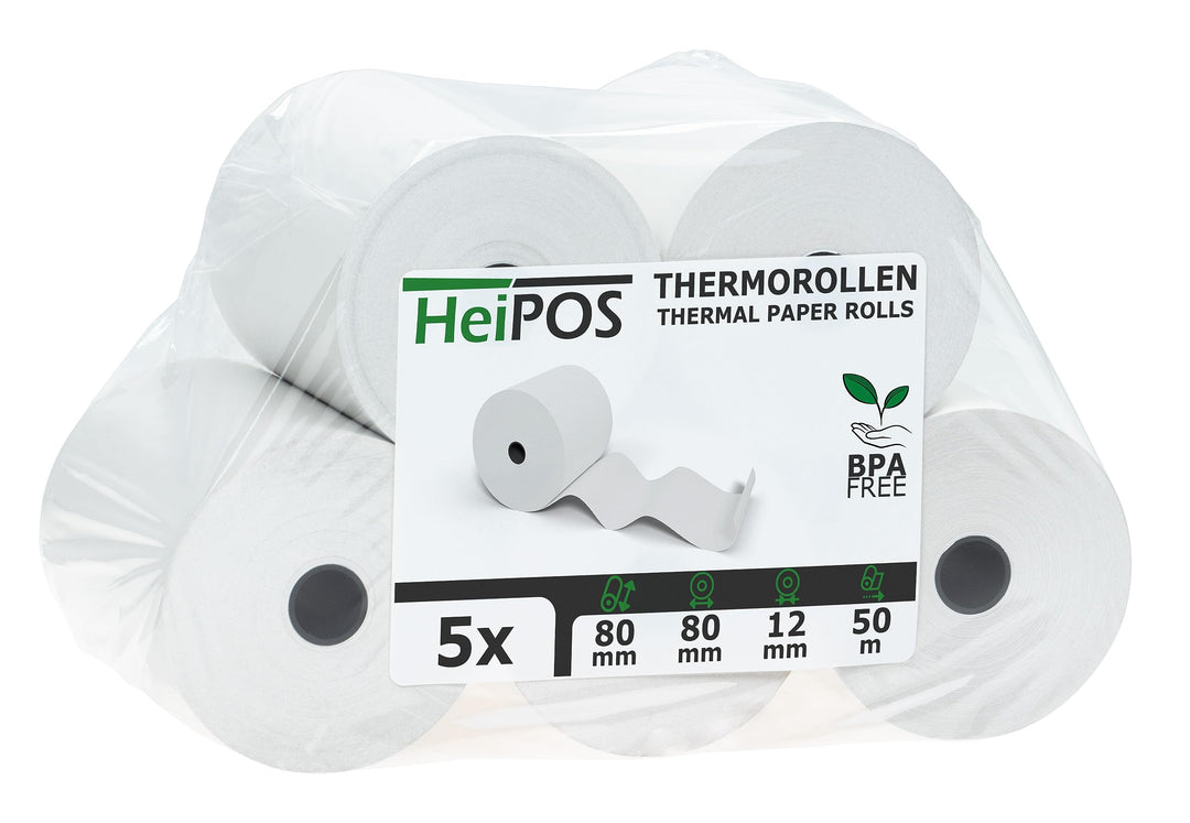 HeiPOS 5x Thermorollen 80mm x 80m x 12mm (Ø 80mm) - Kassenrollen für Epson TM-T88, Star, Citizen, Me